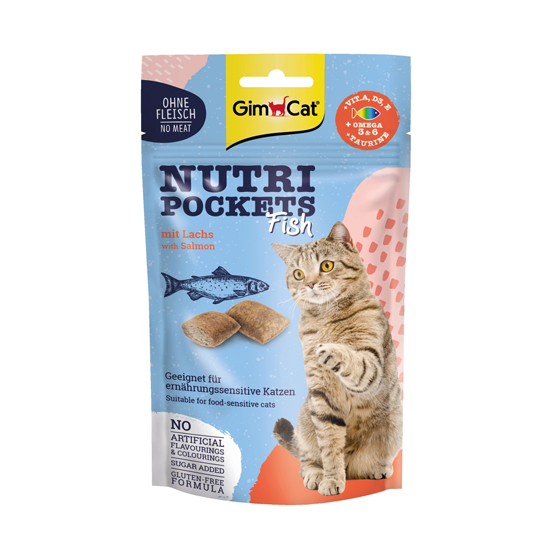 تشویقی گربه جیم کت بدون پروتئین حیوانی با طعم سالمون GimCat Nutri Pockets Salmon وزن 60 گرم