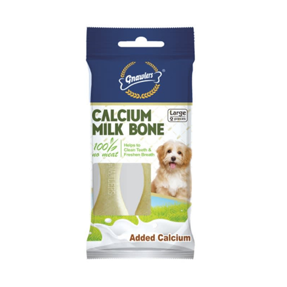 تشویقی سگ استخوان کلسیمی gnawlers سایز بزرگ با طعم شیر gnawlers calcium milk bone بسته ۲ عددی