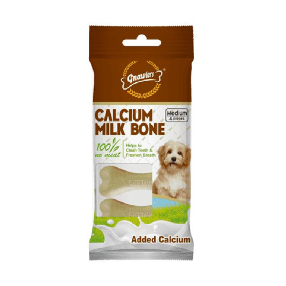 تشویقی سگ استخوان کلسیمی gnawlers با طعم شیر gnawlers calcium milk bone بسته ۴ عددی