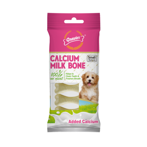 تشویقی سگ استخوان کلسیمی gnawlers با طعم شیر genawlers calcium milk bone بسته ۷ عددی